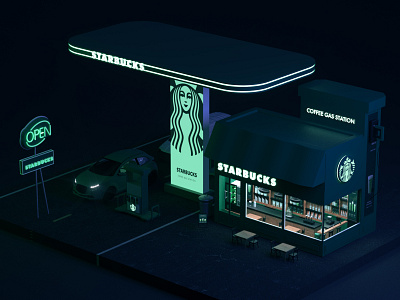 starbucks coffee gas station 3d 3d art 3d artist 3d modeling cafe gas gas station illustration isometric design isometric illustration isometry modeling starbucks