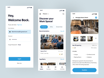 Co-Work Mobile App android app concept app design app ui clean co work co working space cowork design ios minimalist mobile app mobile app design mobile ui office officespace space ui design uiux workspace