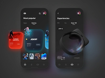 Oculus app concept (dark theme) clean clean ui dark mode games minimal oculus redesign samsung store uidesign uiux vr