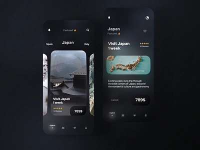 Travel app clean glassmorphism japan minimal mobile travel app ui uidesign