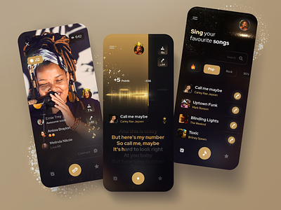 Karaoke app concept dark mode golden karaoke minimal mobile party uidesign