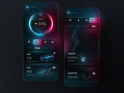 Electric car charger app concept car app charger dark mode electric car glassmorphism led mobile neon ui uidesign