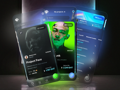NFT app concept cryptoart ethereum futuristic glassmorphism mobile nft token