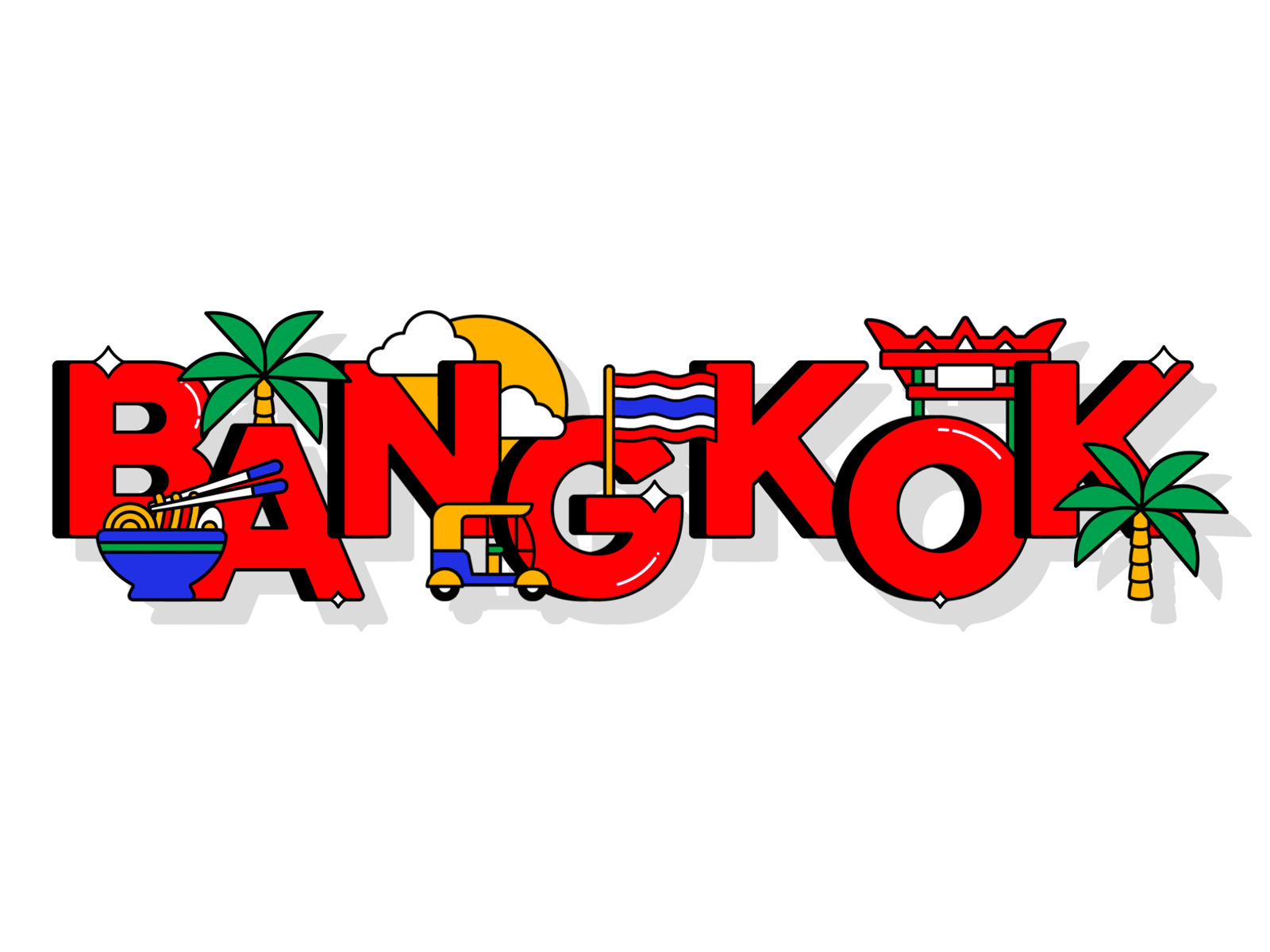 Bangkok 🇹🇭 🍝 🌴 animation bangkok character flat icon illustration logo loop motion shadow tuk tuk typography