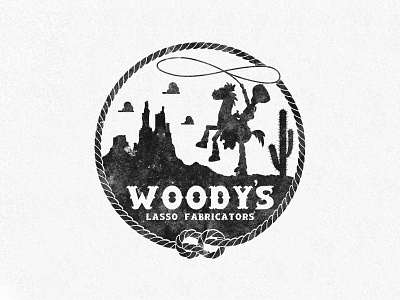 Woody's Lasso Fabricators badge character design disney emblem icon illustration logo rope sketch toy story vector