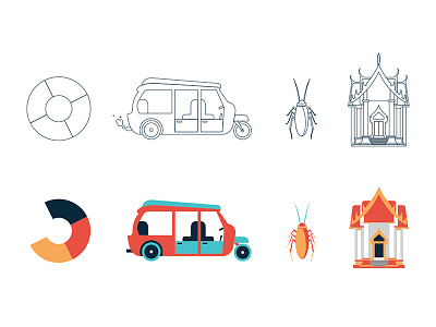 Bangkok Icons bug building flat icon illustration logo swim temple thailand travel vehicle wip