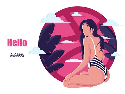 Hello, Dribbble! beach character design dribbble first shot girl hello hello dribbble holiday illustration leaf leaves sand sea summer sun swim swiming swimsuit woman