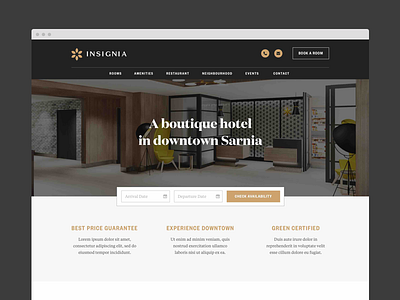 Insignia Homepage bed booking check in form home page hotel insignia interface landing page ui ux web design