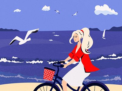On bike air art beautiful blue breeze character clouds colorful design girl graphic gull hair illustration ocean sand sea vector waves wind
