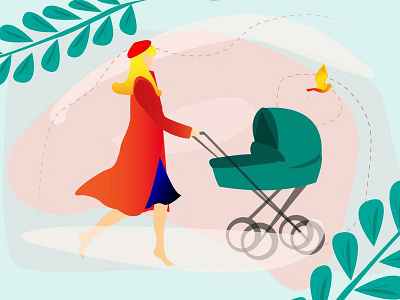 Mom❤️ art baby beautiful bird blond buggy character child coat color dribbble girl gradient green illustration mother nature vector walk woman