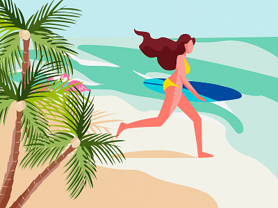 Ocean Spirit art beautiful breath character color design flamingo girl graphic illustration palm sand summer sun sunny surf vector water wave woman