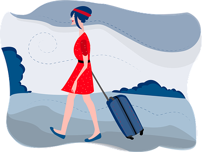 On The Way art beautiful blue character clothes color colour design dress girl going graphic illustration red sky suitcase ui vector way woman