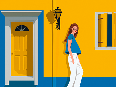 Somewhere in Girona art beautiful bright character color colorful door girl illustration spain sunny vector warm window woman yellow