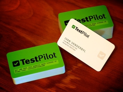 TestPilot business cards business cards green testpilot tick white wood