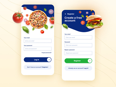 Food Delivery App 🍕 - Log in & Register - Mobile UI dailyuichallenge food food delivery food order ios login mobile app mobile ui register restaurants ui uiux