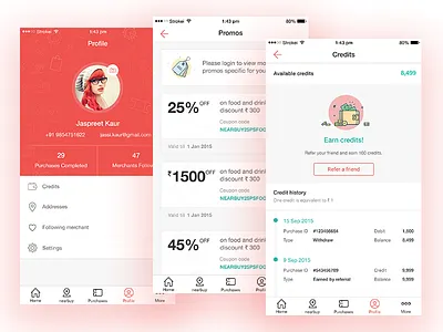 User Profile, Promos, Credits android app clean deals ios mobile ui ux