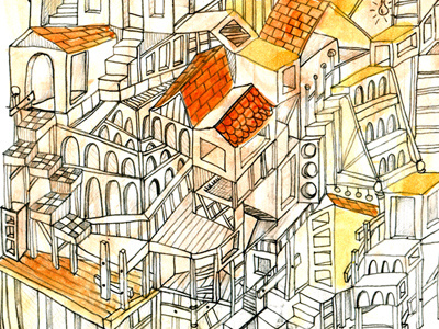 Houses & Roofs escher houses illustration perspective sketchbook stairs watercolor