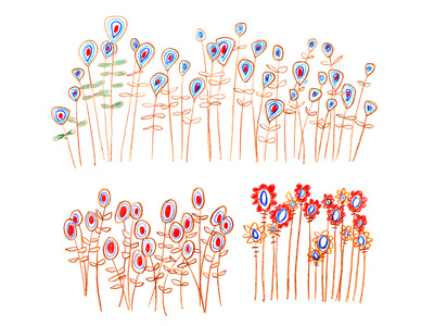 Flowers blue brown colored pencil flowers red