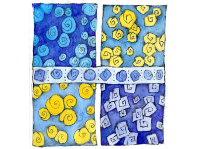 Feb 17 blue gouache pencil shapes spirals yellow