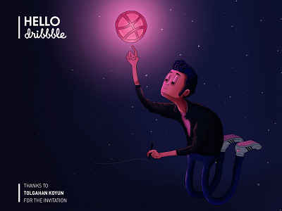 Hello Dribbble blue dribbble ball first design hello dribble illustration pencil people pink shot skecth space