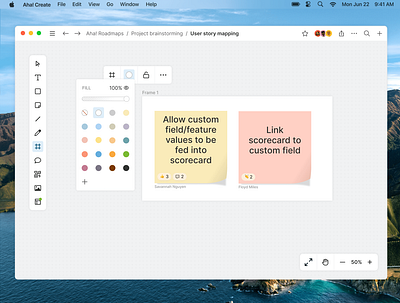 Aha! Create - Frames and fill color color menu fill fill menu frames opacity sticky notes whiteboard whiteboarding