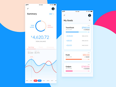 Cash Saving app gauge graph mobile modern money pie ui ux