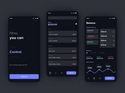 Spend App app balance charts control dark dark mode dark theme dark ui expenses financial app flat minimal money money app money management money saving save spend statistic uiux