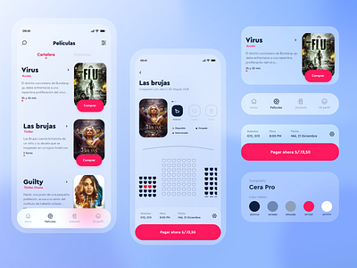 Cineplanet - Glassmorphism redesign cinema clean ui design flat glassmorphism ios app ios14 minimal mobile mobile app design mobile ui movie app movies redesign style trendy design ui uiux ux