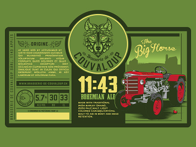Couvaloup Brewing beer. brewing label swiss tractor wolf