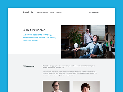About Includable about landing page screen startup web page website