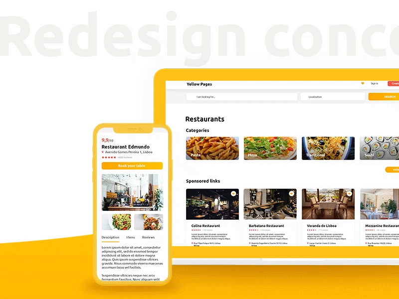 Redesign concept of Yellow Pages animation aplication app bank colors concept design illustraion mobile mobile app orders restaurant app rwd rwd app typography ui ux website yellow yellow pages
