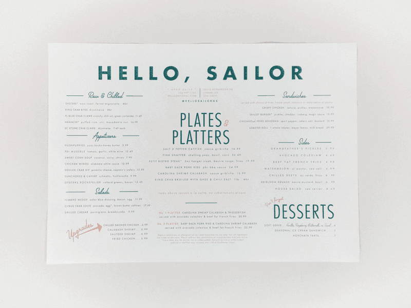 Hello, Sailor Menu Design charlotte nc design hospitality brand lake norman logo menu menu design restaurant branding vibes vintage visual identity