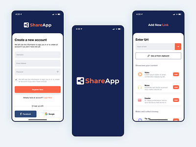 Sharing App 🔗 add android clean ios login mobile mobile application music prioritize record redirect registration share sharing application thumbnail ui url user experience user interface video