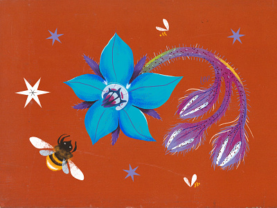 The Borage ★ Energy bee black blue borago botanical botany card deck energy flower green illustration leaves nature oracle plant print vintage wild
