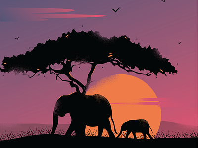 Elephant Journey birds clouds elephants forest journey nature sunset walking