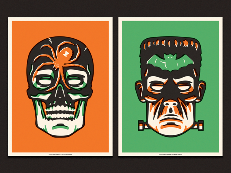 Halloween Posters illustration screen print bat spider frankenstein skull monster poster