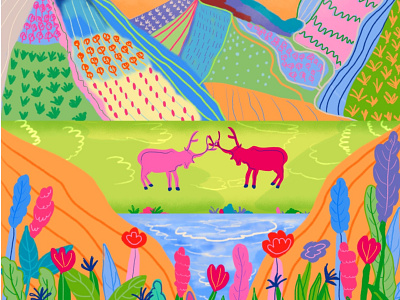 Elks and Mountains artwork colours design elks illustration landscape mountains pink vector