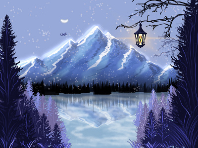 Glowing Mountain art artwork blue design digital art illustration landscape mountains night purple sea sky vector view