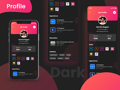 Profile (Dark Mode) app branding clean darkmode design flat illustration ios logo minimal mobile mobile app design profile typography ui ux vector