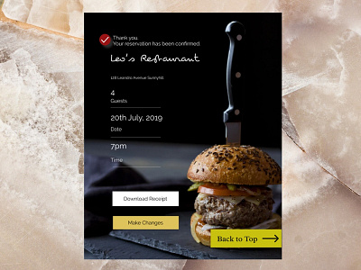 Restaurant Booking Confirmation UI Element for Mobile