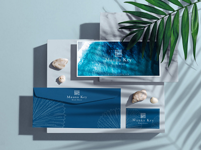 Mauna Key Beach House blue blue and white boutique hotel brand identity branding clean clean design concept hotel branding logo design minimal ocean ocean logo sea shells stationary design