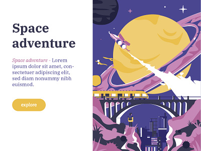 Space adventure illustration bridge clean colors design flat illustration illustrator minimal planet poster space train trip universe vector