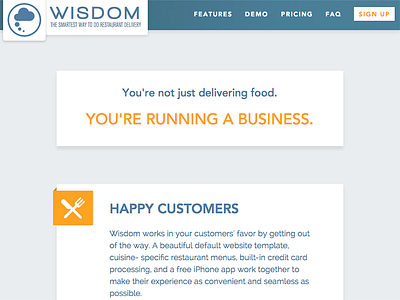 Wisdom Restaurant Delivery Software fixed navigation flat home page landing page