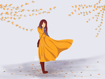 Girl In Autumn autumn characterdesign faling girl gray illustration leaf lonely orange