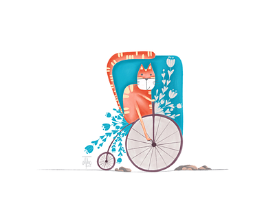 The Cycling Cat animal bike cat character design cycling digital art floral flowers happy illustration stone