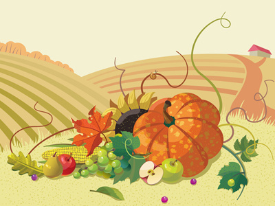 Some Fall Notes apple autum grape harvest illustration leaves pumpkin still life vector