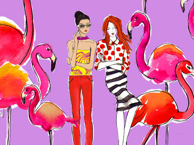 Flamingos fashion figure illustration watercolor whimsical