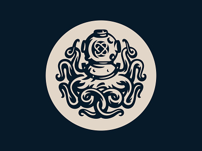 Octopus badge caseback diver diving helmet emblem fourhands graphic design illustration logo logo designer mark octopus vector watch