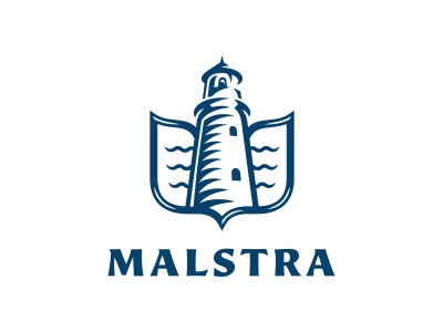 Malstra book design lighthouse logo mark sea shield waves
