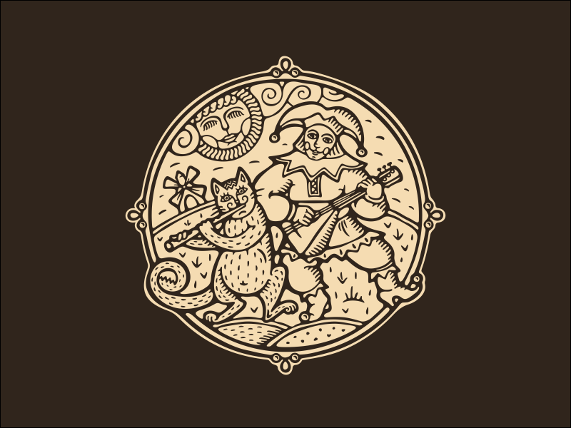 logo lubok balalaika cat buffoon russian russia lubok character retro vintage woodcut engraving badge branding fourhands vector logo illustration logotype